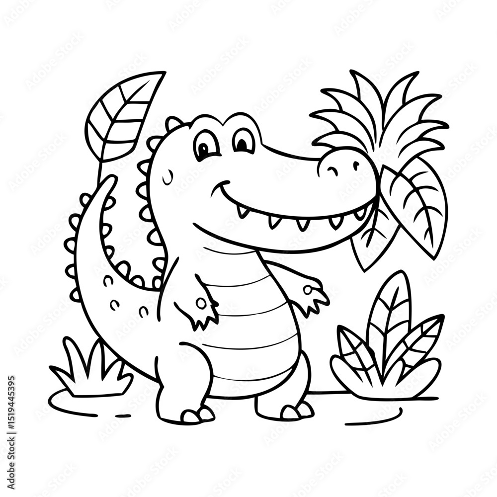 Obraz premium Cartoon dinosaur character surrounded by plants in a playful jungle setting