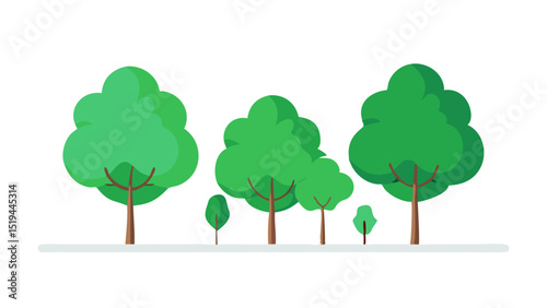 Colorful cartoon trees of varying sizes lining a grassy area in a bright and sunny environment