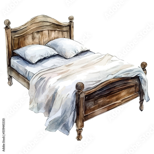 Bed, watercolor painting vector, high quality, isolated on a white background.