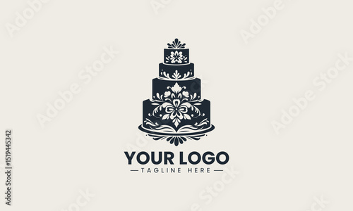 Elegant four-tier wedding cake decorated with delicate buna flowers in graceful arrangement vector logo illustration