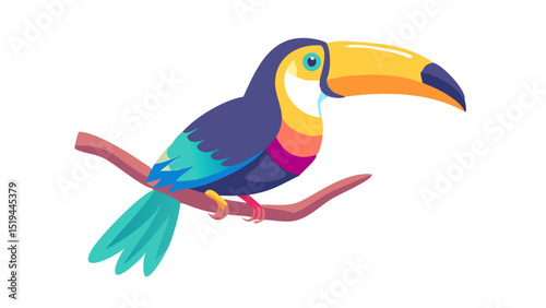 Brightly colored toucan perched on a branch in a tropical environment during daylight hours