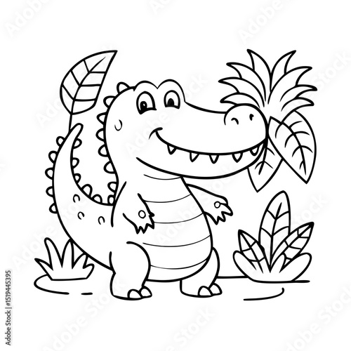 Cartoon dinosaur character surrounded by plants in a playful jungle setting