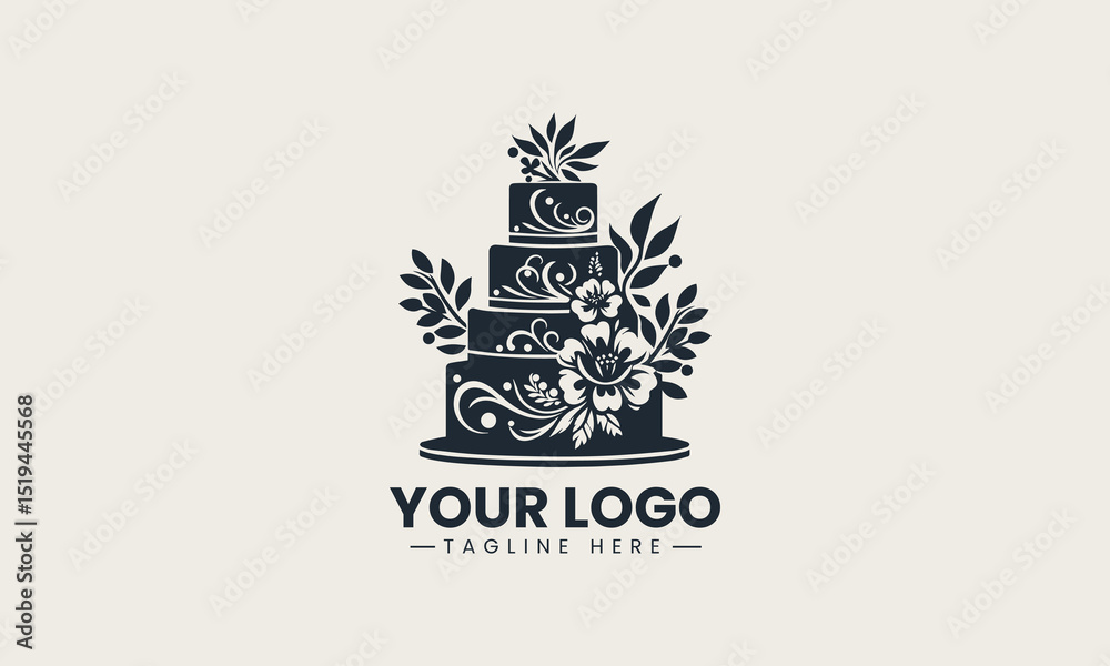 Elegant four-tier wedding cake decorated with delicate buna flowers in graceful arrangement vector logo illustration