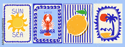 Set of sea, summer postage stamps, cards, posters. Hand drawn, paper cut, collage style. Sea, sun, palm trees, waves, ocean, lemons, sardines, lemonade. Mediterranean mood.