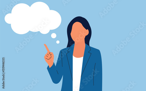 Businesswoman pointing at a cloud of business ideas, a symbol of innovative thought and communication