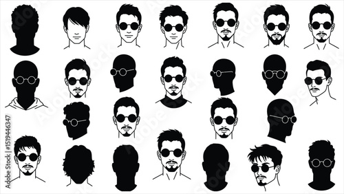 Vector illustration of diverse men's faces with various beard styles and sunglasses, ideal for barbershop, grooming, fashion, and character design related graphic projects.