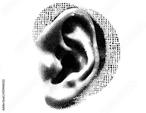 Vintage grunge punk ear, halftone collage, vector illustration, retro pop art style, dotted textures, mixed media design, modern graphic design, creative abstract art.