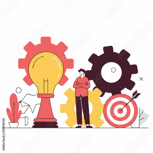 a business man surrounded by chess pieces, business chart, target and light bulb, digital art, flat design, minimalist style, vibrant colors
