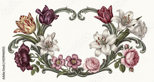 Floral Frame Border with Roses, Tulips, and Lilies | Vintage Botanical Illustration for Wedding Invitations, Greeting Cards, and Decorative Design Elements