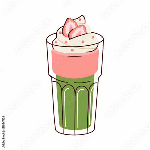Strawberry Matcha Latte with Whipped Cream in a Clear Glass, icon, isolated on the white background