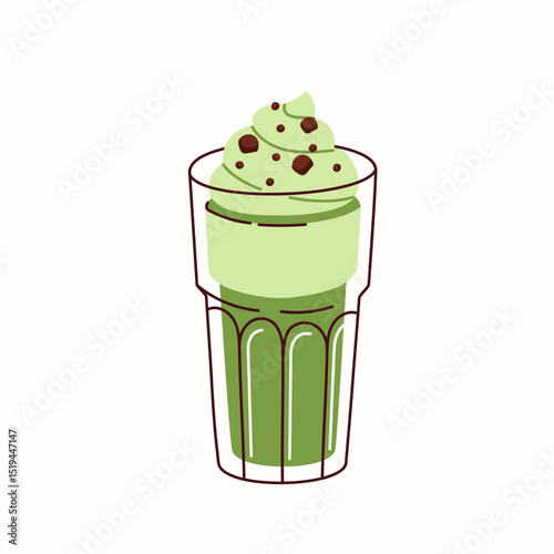 Matcha Latte with Whipped Cream in a Clear Glass, icon, isolated on the white background