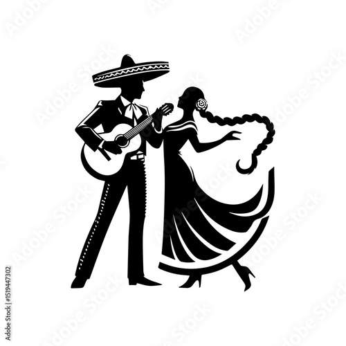 Stylized Mariachi band logo with silhouetted guitarist and dancer celebrating Mexican musical heritage  
