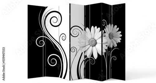 Black and White Folding Screen with Daisy Flowers and Swirls | Elegant Decorative Room Divider for Home Decor and Interior Design