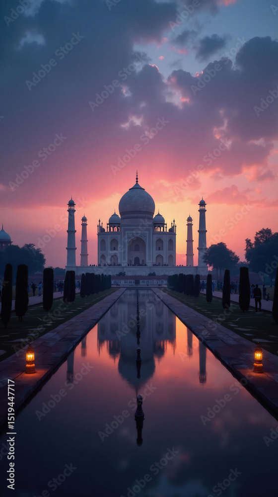 Obraz premium Taj Mahal Sunset Reflection: India Landmark, Travel, Architecture Stock Photo