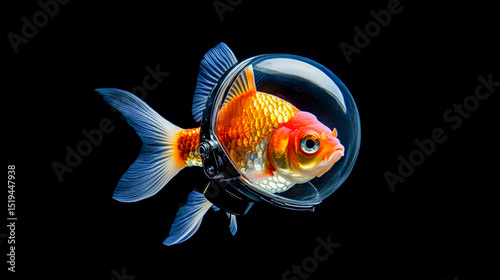 Goldfish Wearing Astronaut Helmet - Surreal Animal Concept on Black photo