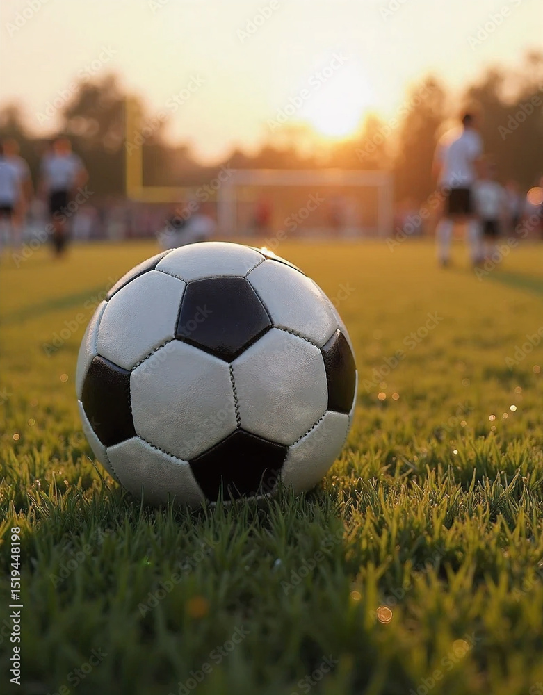 Fototapeta premium Soccer Ball on Grass Field with Players in Background at Sunset
