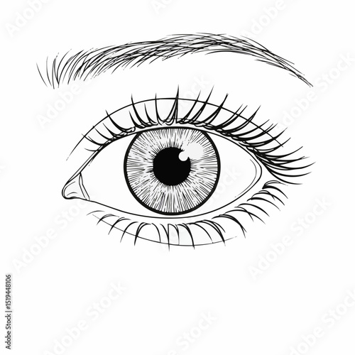 Detailed illustration of a human eye with eyelashes and eyebrow  