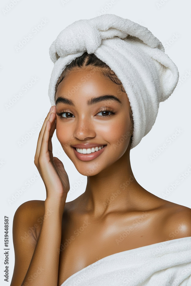 Young woman with a towel on head smiling and caring for skin after shower Young woman with a towel on head smiling and caring for skin after shower