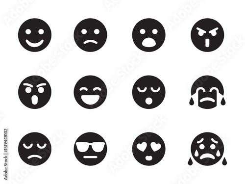 A set of twelve black silhouette emojis, conveying a range of emotions, from happiness and surprise to sadness and anger.