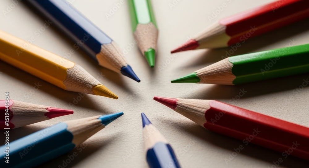 Fototapeta premium Brightly colored pencils arranged in a circle with sharpened tips pointing inwards