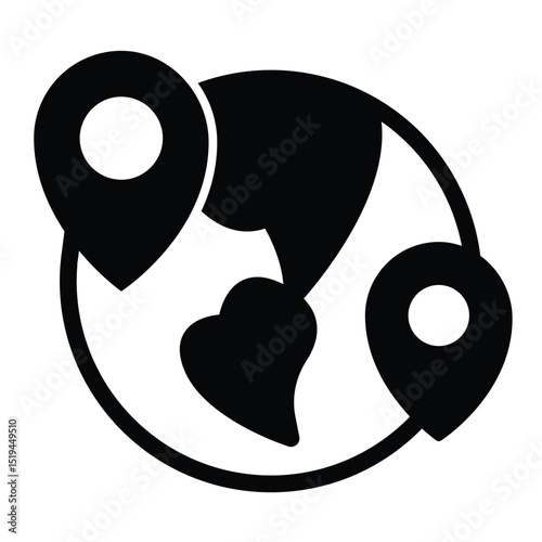 Planet earth with two location pins solid icon, remote work concept. Vector graphics. World globe and geolocations sign on white background, style mobile or design.