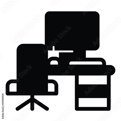 Desk with chair and desktop solid icon, remote work concept. Vector graphics. Personal workplace with computer sign on white background, style mobile or design.