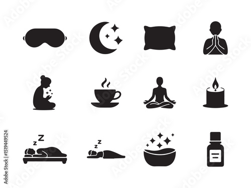 Set of simple black and white sleep and relaxation icons, set of 12 icons visually represents various sleep and relaxation methods.