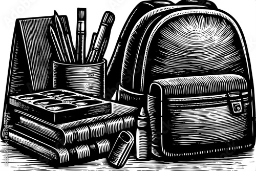 Sketch-style black and white vector of school supplies: books, pencils, erasers, backpack hand-drawn with clean outlines
