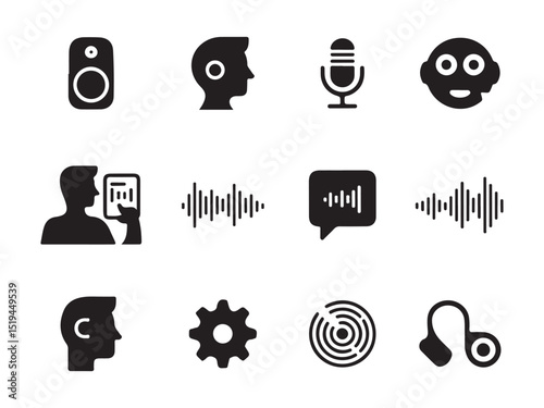 A clean, minimalist set of vector icons representing audio, voice recognition, and related technologies.