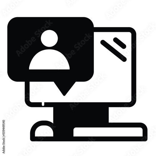 Computer with user message solid icon, remote work concept. Vector graphics. Monitor, display and popup window sign on white background, style mobile or design.