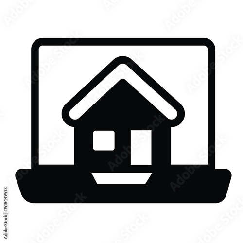 Laptop home screen solid icon, remote work concept. Vector graphics. Display and cottage building sign on white background, style mobile or design.