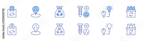 Recycling icon set in two styles, Duotone and Thin Line style. Editable stroke. recycled bag, recycle, placeholder, recycling, garbage bag, plastic