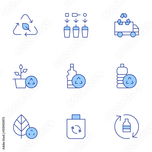 Recycling icons set. Line Duotone style, editable stroke. eco, recycle bin, recycling truck, recycling, plastic, recycled bag