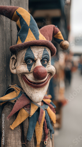 Smiling Jester Doll Portrait: A close-up, captivating shot of a vintage jester doll with a menacing smile, adorned in a colorful, harlequin-style outfit, exuding an eerie, carnival ambiance. 