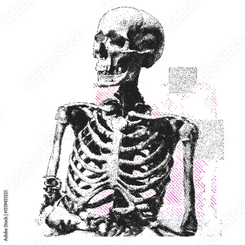 Skeleton collage element with retro grainy texture, vintage stipple photocopy effect, grunge psychedelic surreal, 90s aesthetic tattoo, vector illustration, artistic expression, retro style.
