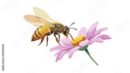 Bee pollinating a pink flower in a vibrant garden during daylight in springtime