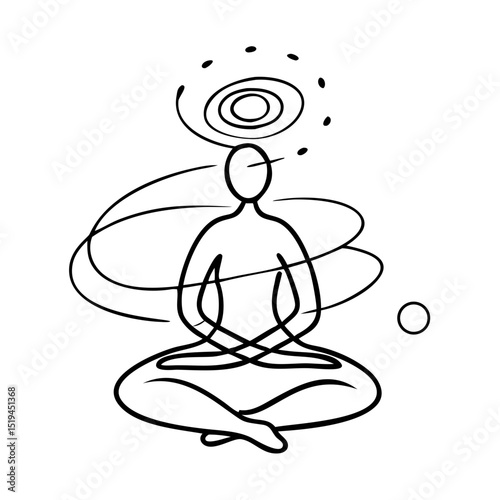 Meditation practice represents inner peace and mindfulness in a minimalist style with circular energy symbols