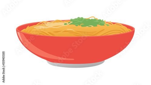 Delicious bowl of noodles with green garnish served in a bright red bowl