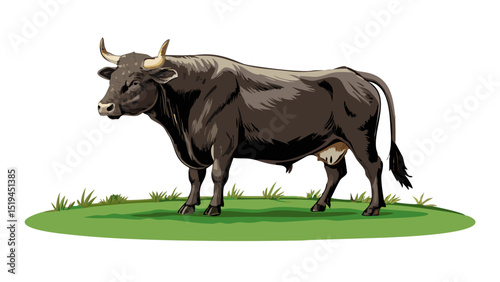 Natural grazing of a black cow in a lush green pasture during a sunny day highlights rural life and agriculture