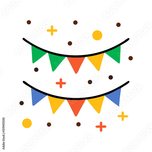Colorful festive decorations with triangular bunting and confetti for celebration or party events