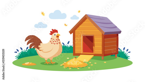 Chicken stands by a cozy wooden coop surrounded by green grass and clouds on a sunny day