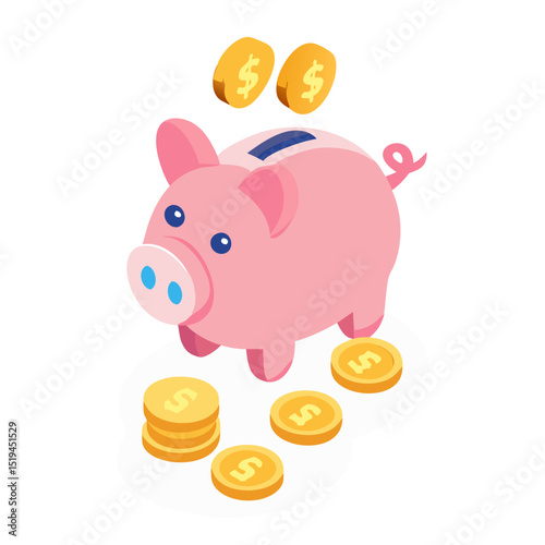 Piggy bank with coins dropping and stacked coins on the ground representing savings and financial planning for future success