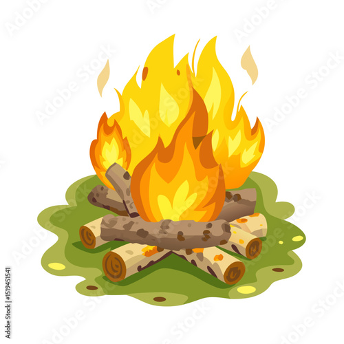 Colorful campfire glowing brightly with logs arranged on green grass during a summer evening gathering
