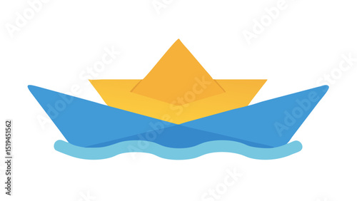Colorful paper boat sailing on water with a vibrant sun-like shape above it during a bright day