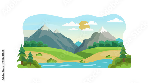 Beautiful landscape with mountains, river, and trees under blue sky during daytime in a serene natural setting