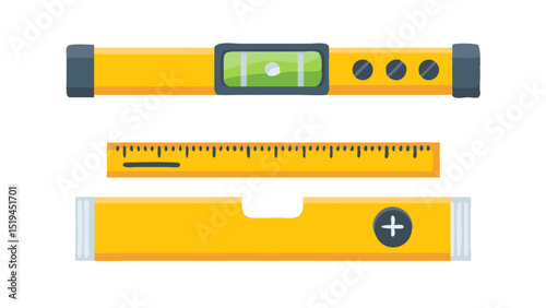 Measuring tools laid out on a flat surface with a level, ruler, and accessories for construction tasks