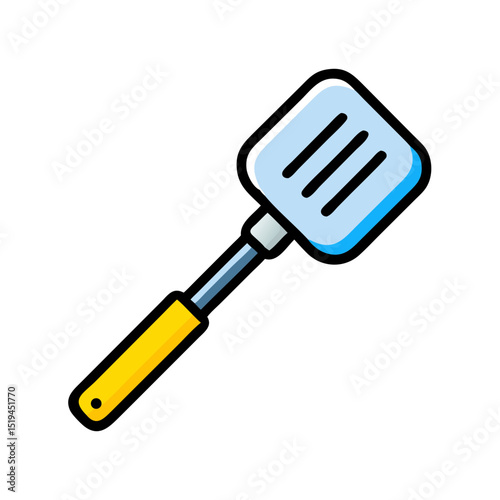 Kitchen spatula with a yellow handle used for flipping food during cooking adventures