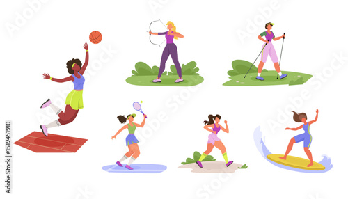 Sport Young women set performing sports activities. Active female characters jogging, nordic walking outdoors, riding surfboard, shooting bow, playing basketball