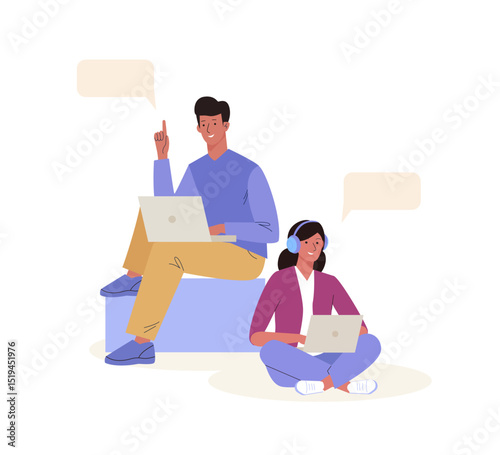Young people using laptop for work or study. Female and male characters sitting in difference pose. Concept of online education, coworking, teamwork, freelance
