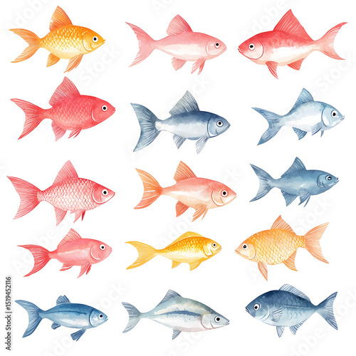 A vibrant collection of watercolor fish illustrations showcasing diverse colors and styles.
